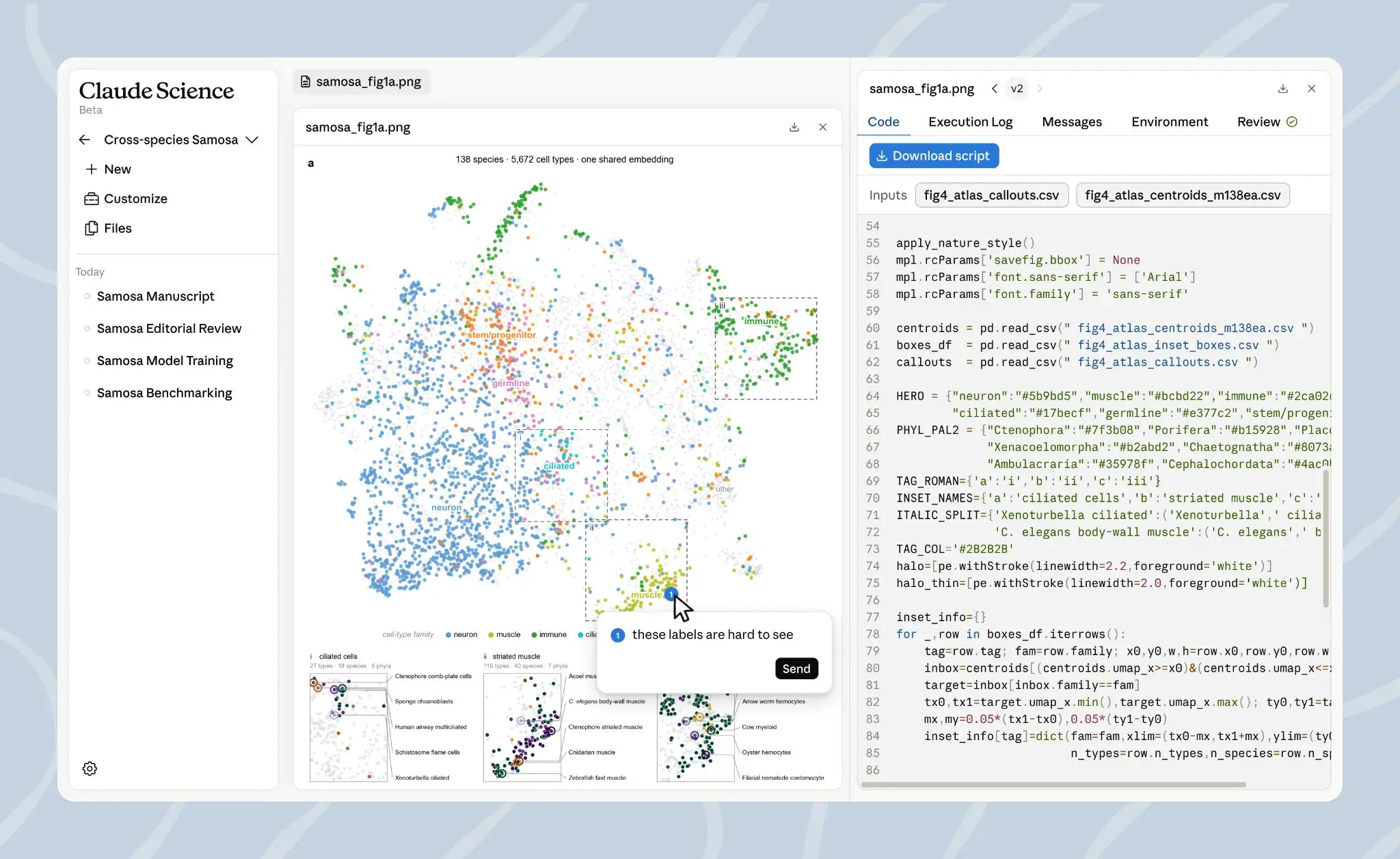 Claude Science interface showing a biological data visualization beside analysis code