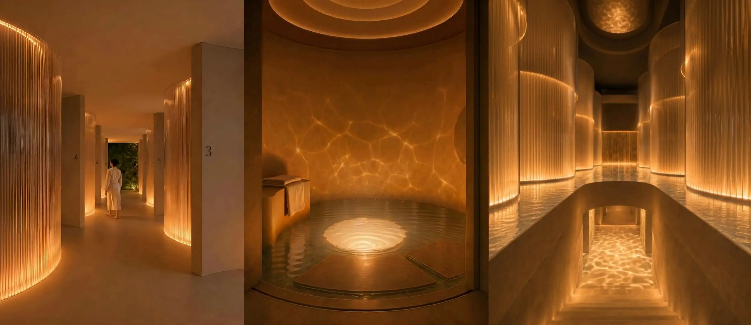 Three views of a warm-lit medical scanning facility with curved walls and water features