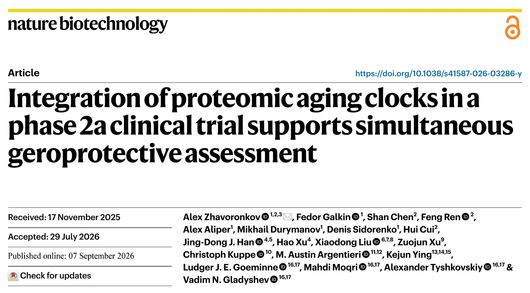 Insilico Medicine graphic for the Nature Biotechnology paper on rentosertib and proteomic aging clocks